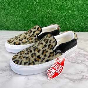 NEW Vans Slip On Faux Fur Leopard Shoes Black Tan Women's 8
